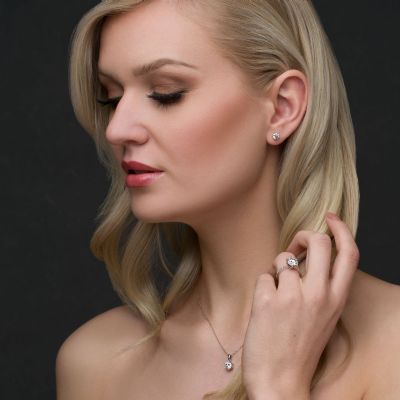 Produktbillede af smykkesæt med øreringe, fingerring og halskæde. Ved at <br>fremvise smykker på en model, giver det et bedre indtryk af f.eks. størrelse